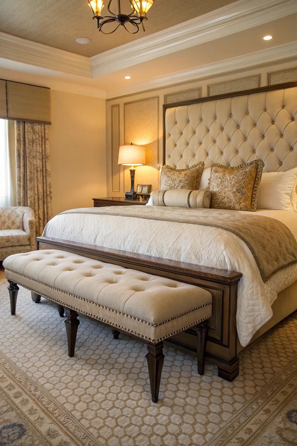 A bench offers a blend of style and practicality in your king bedroom.