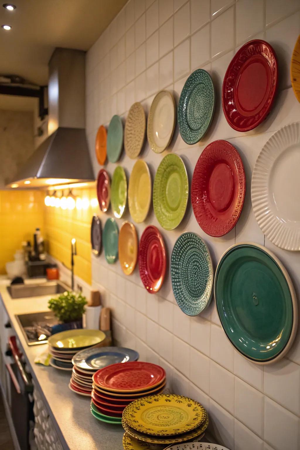 A plate wall introduces a playful and colorful dimension to your kitchen's style.