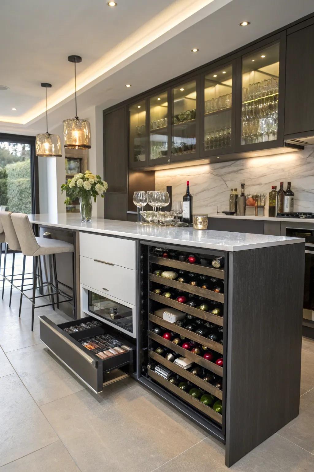 Use smart storage for a tidy kitchen bar.