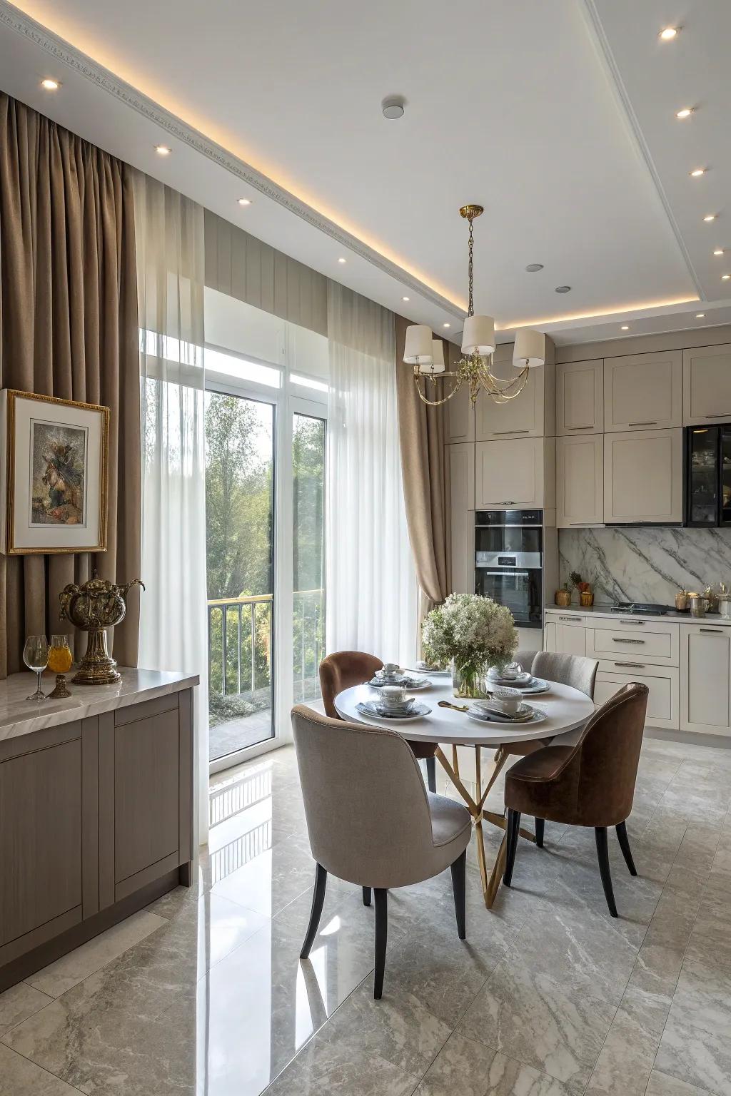 Full-length drapes add drama and elegance to your kitchen.