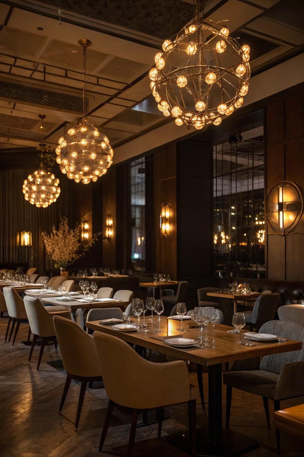 Clustered lights add drama and elegance to this dining space.