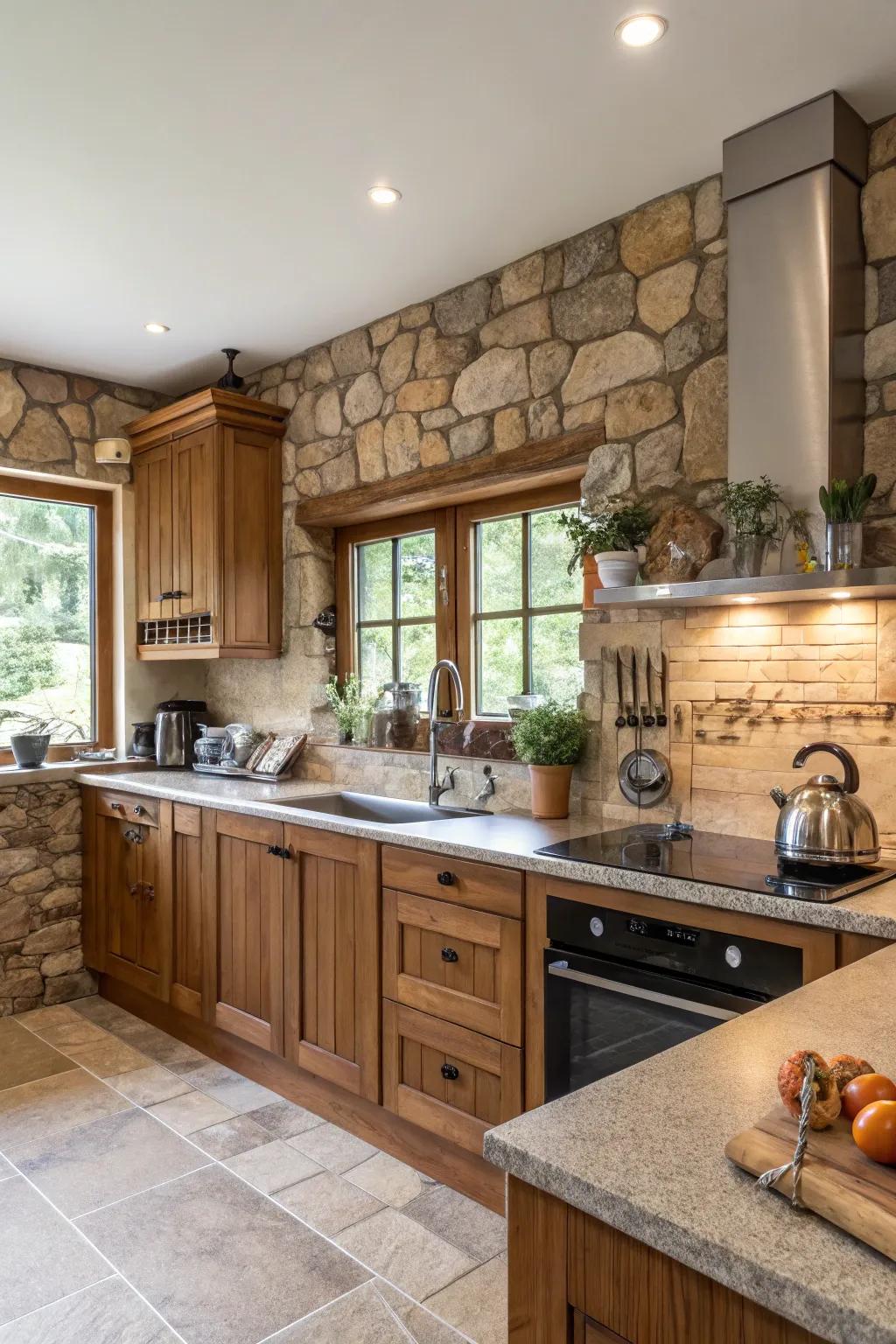A kitchen showcases mixed materials for added texture.