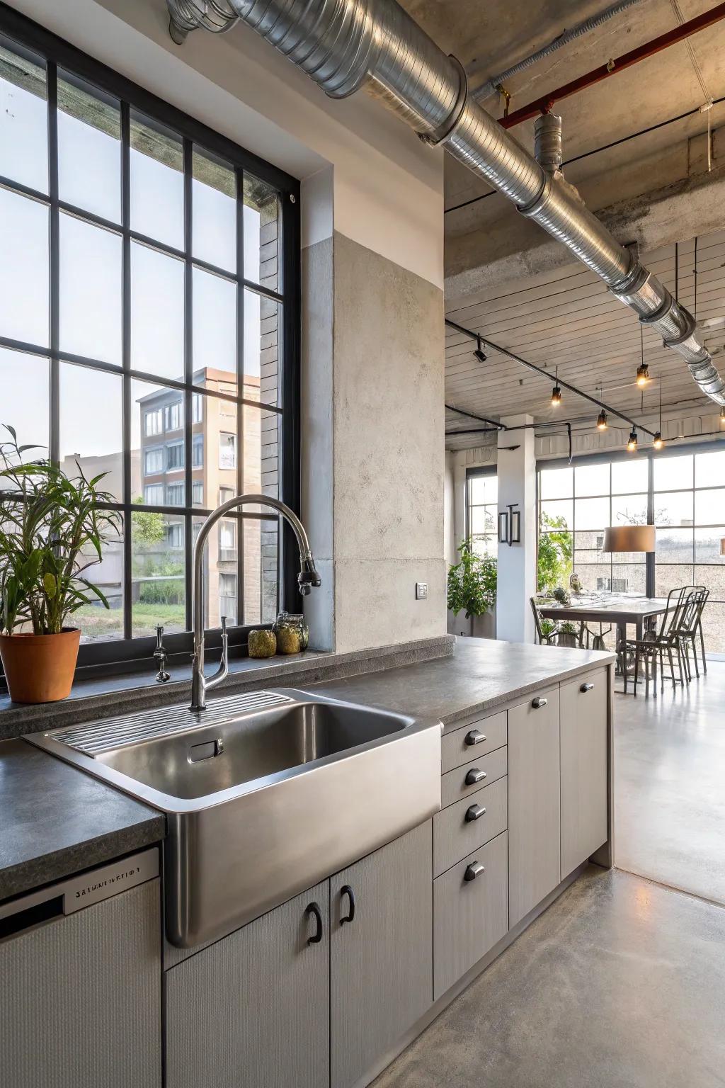 A modern kitchen featuring a durable and sleek metal sink.