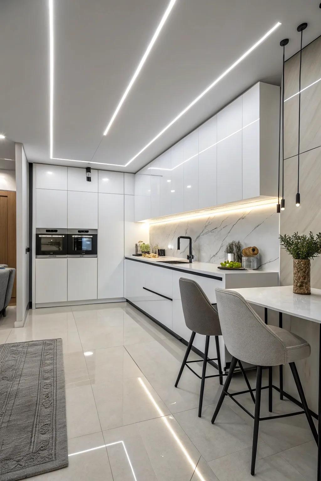 Adopt modern minimalism with integrated strip lighting.