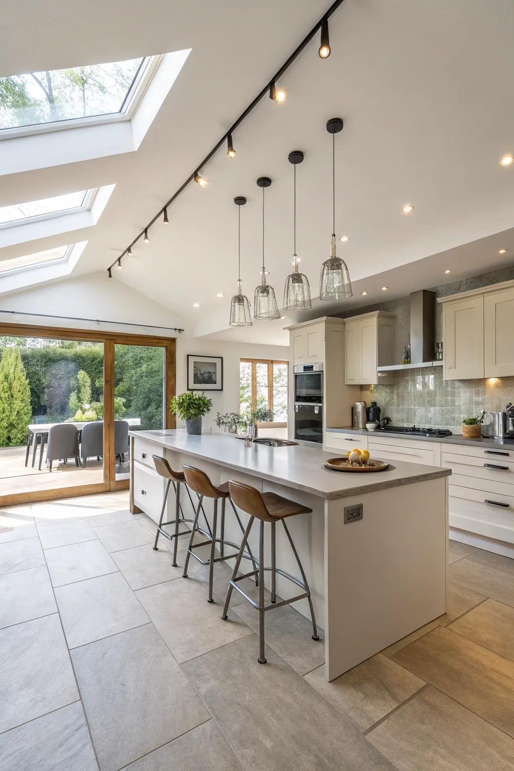 Improve open layouts through airy rail lighting approaches.