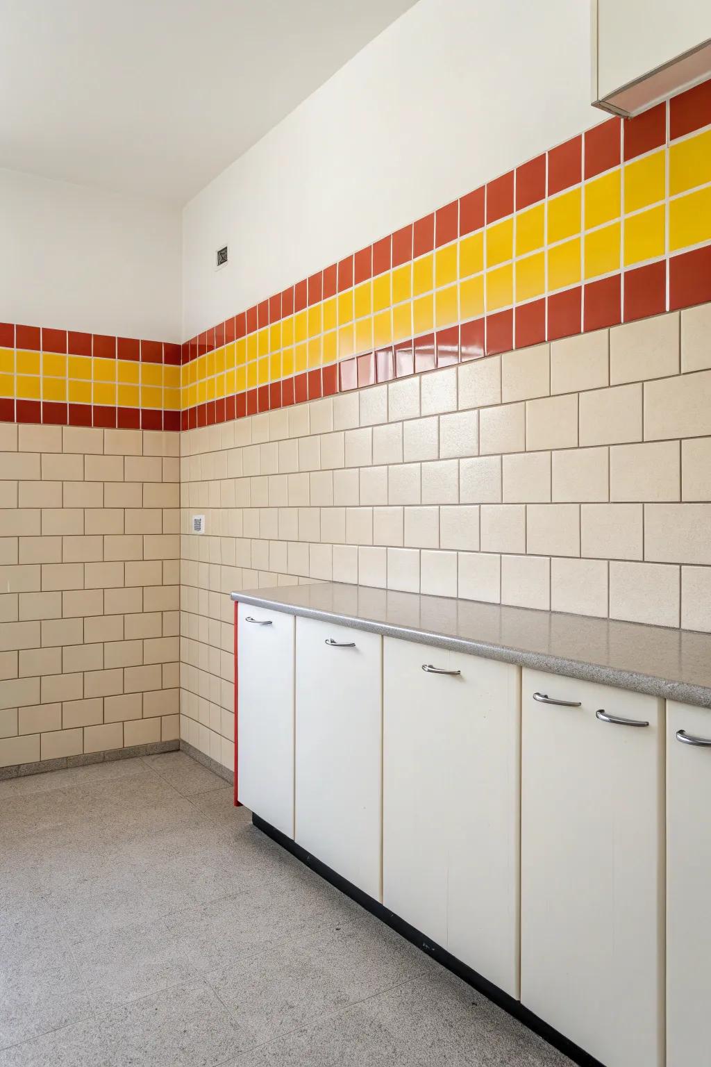 Neutral tiles with a vibrant accent stripe inject color into the kitchen's minimalist design.
