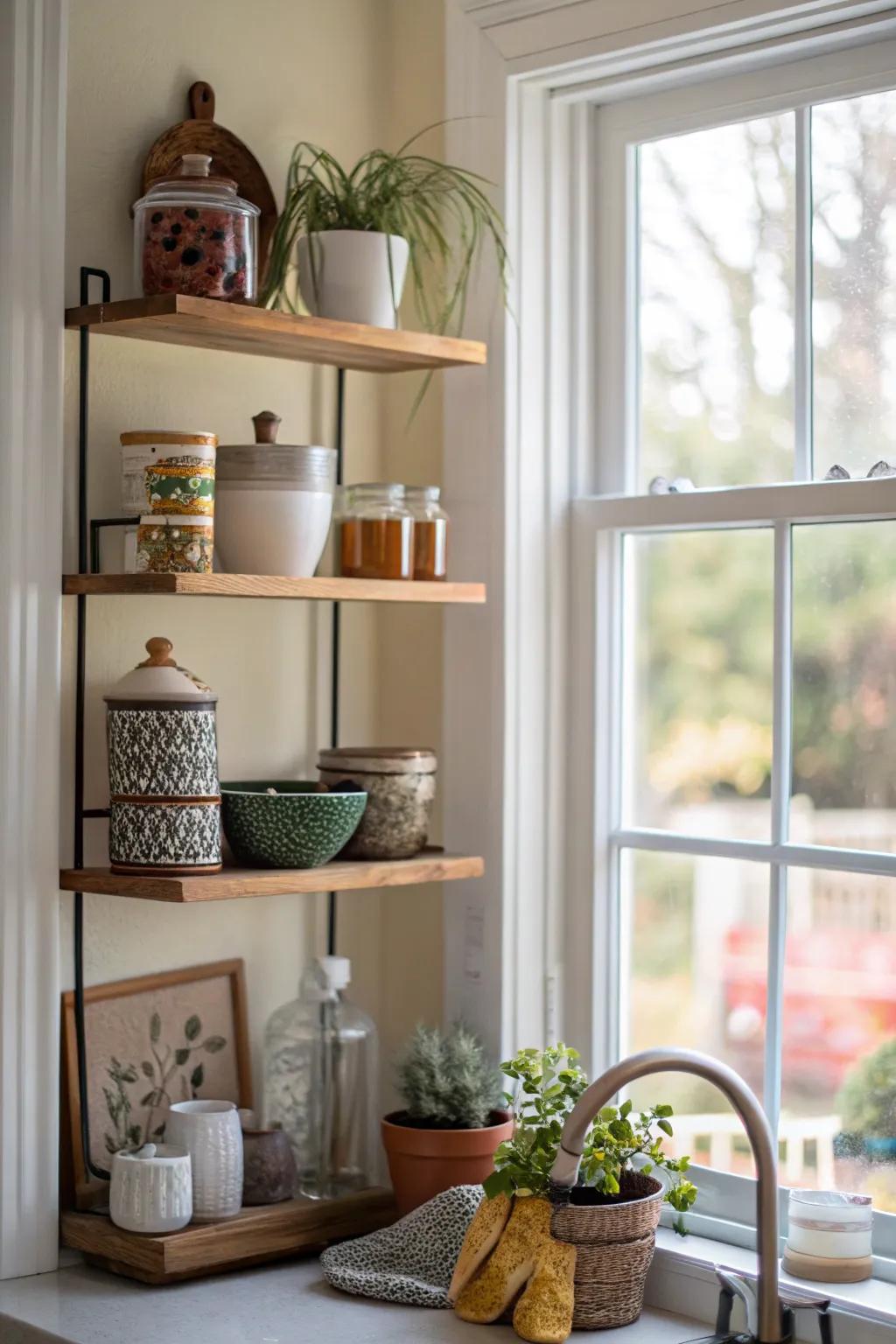Creative shelf arrangements bring an artistic element to the kitchen.