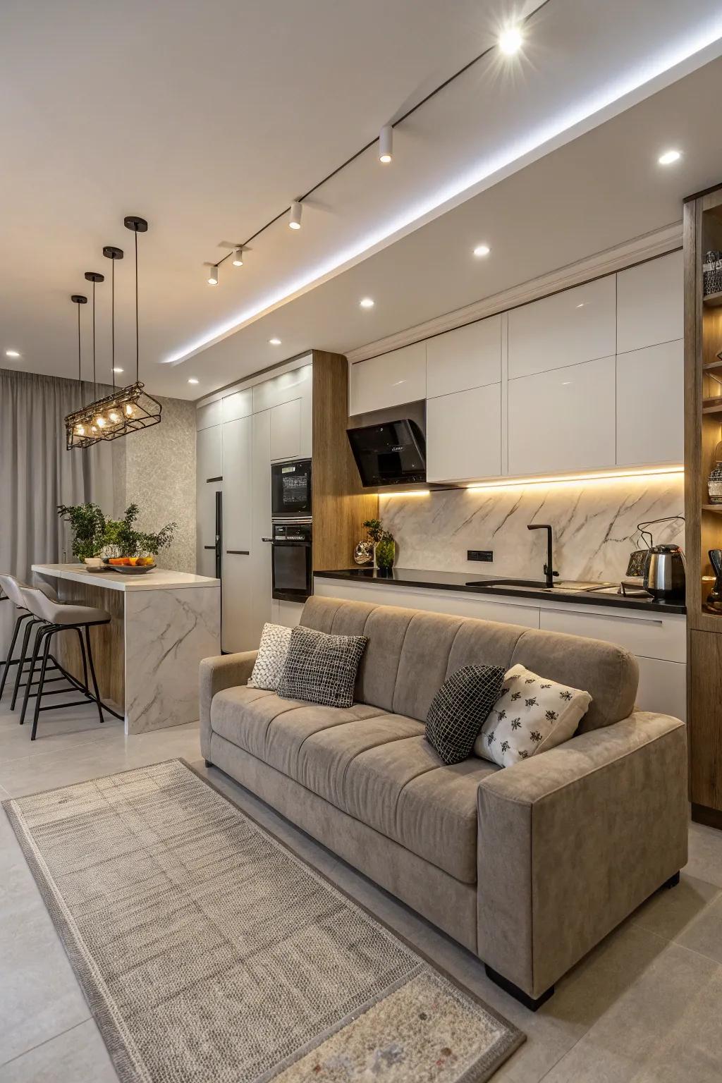 A chic kitchen featuring a practical couch that enhances its elegant design.