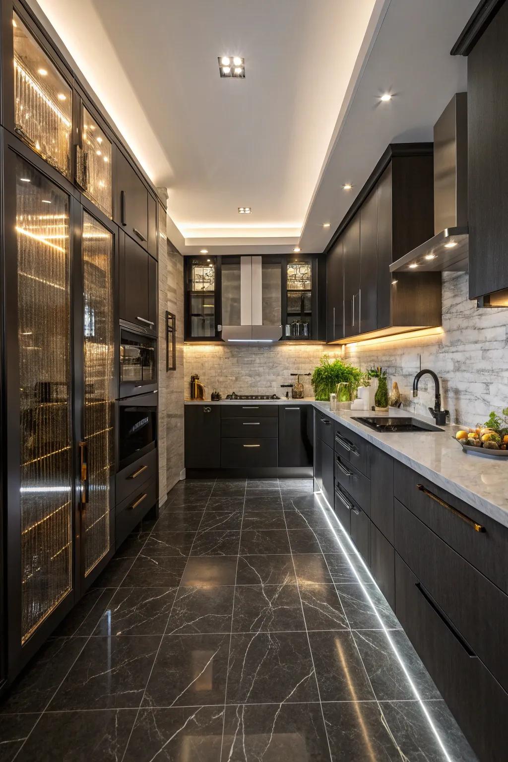 An amalgamation of textures fashioning intensity within this modern kitchen that features dark floors.