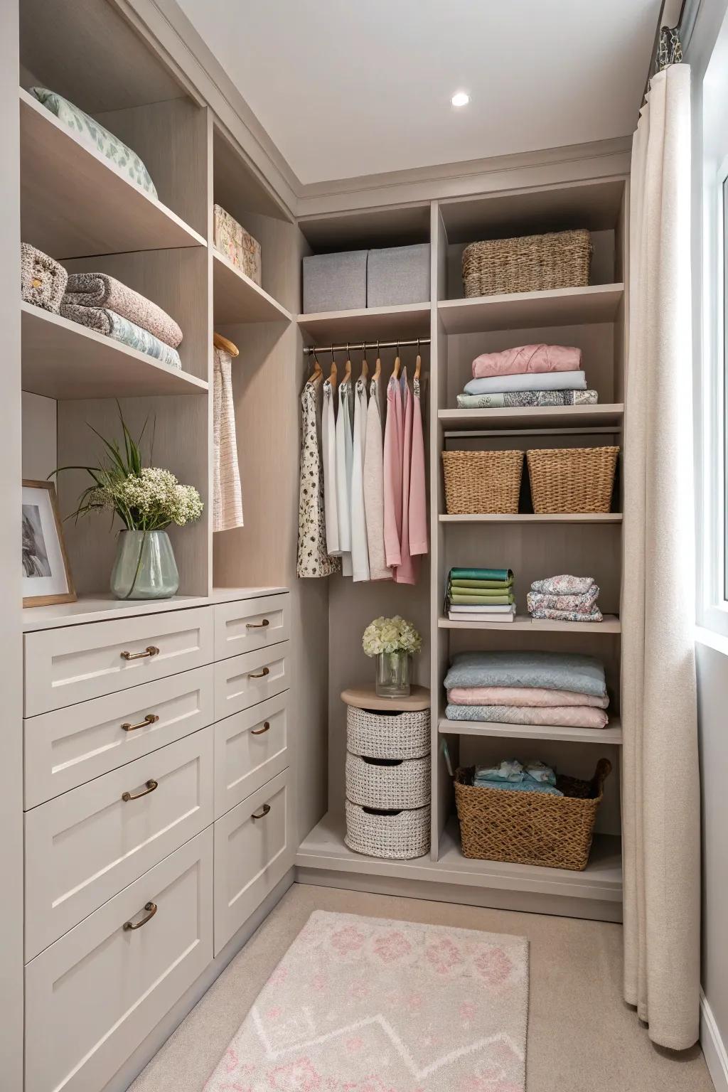 A relaxing color scheme enhances the peace of your closet.