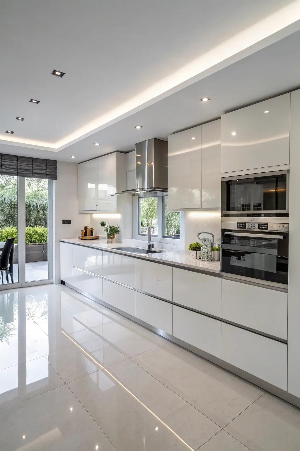 Polished surface finishes craft a radiant and charming cooking space.