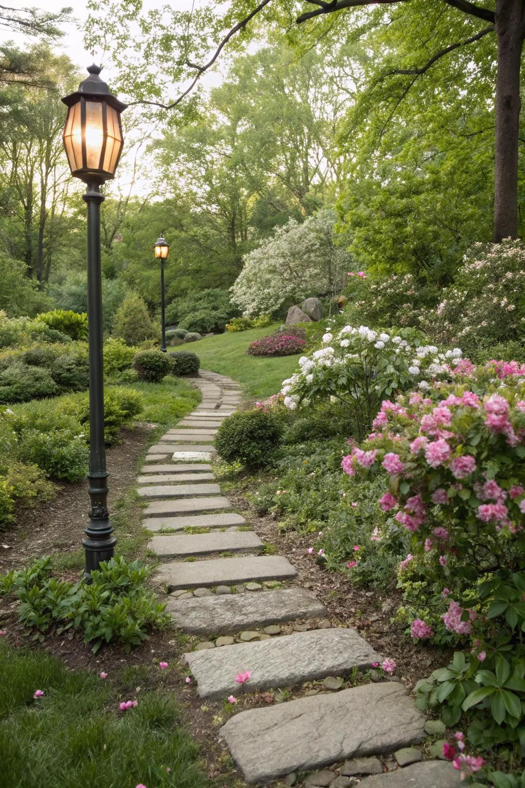 An imaginative walkway directing to a garden lamp post.