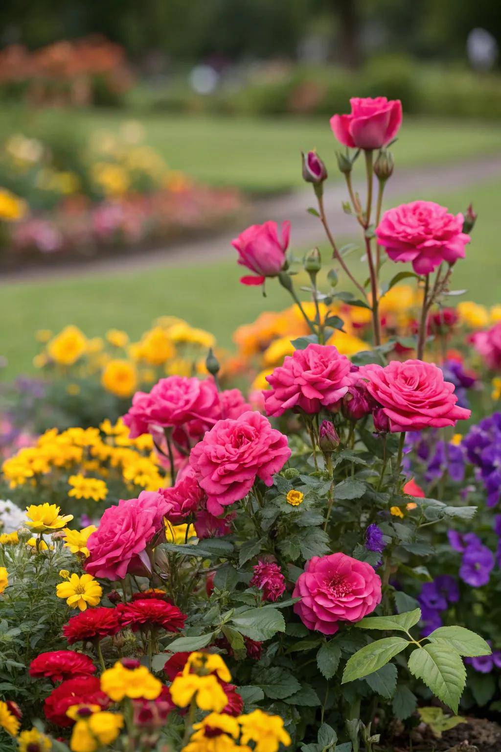A vibrant flower bed displaying radiant roses.