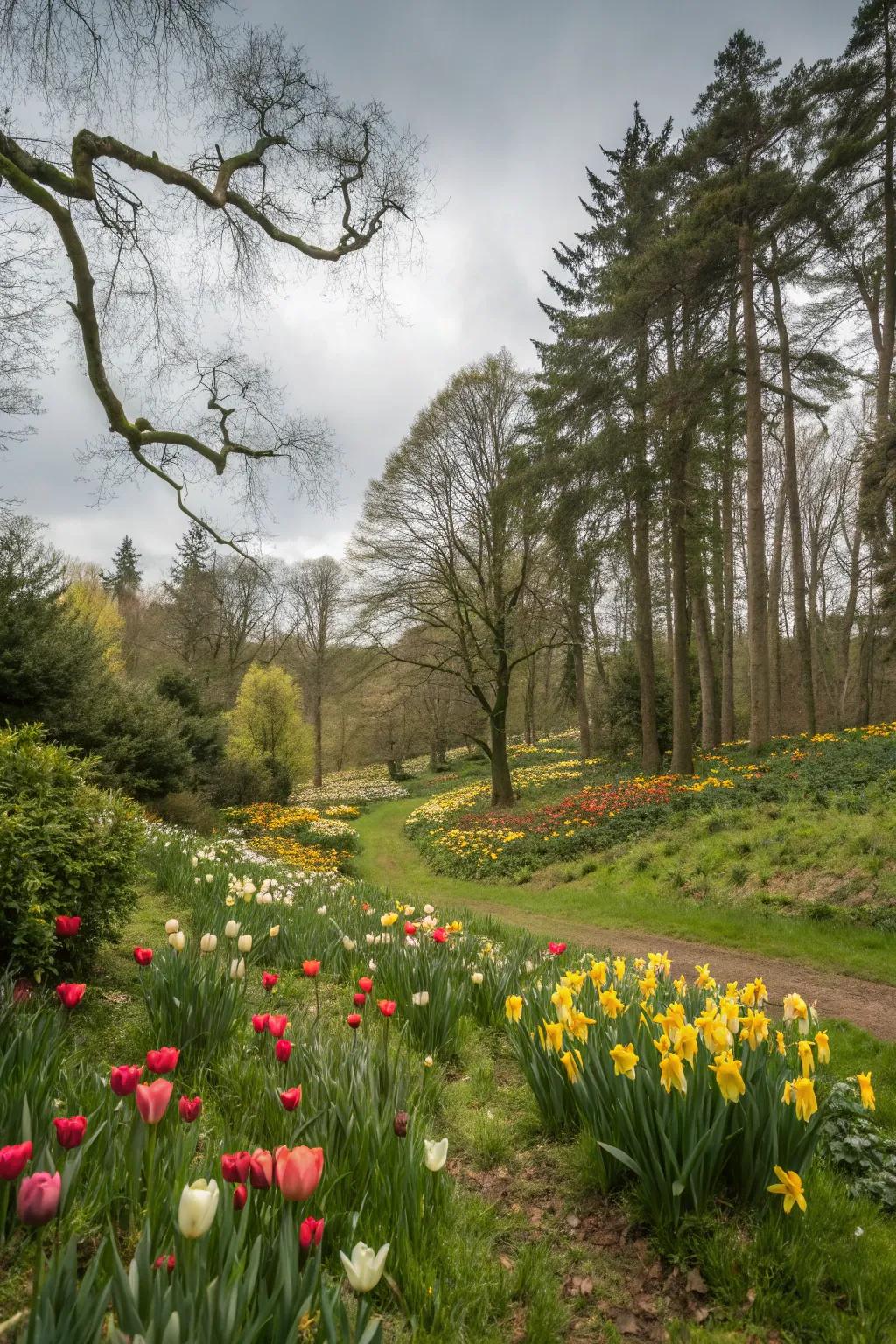 A naturalistic garden scene with bloomglows and sunshines integrated into the landscape.