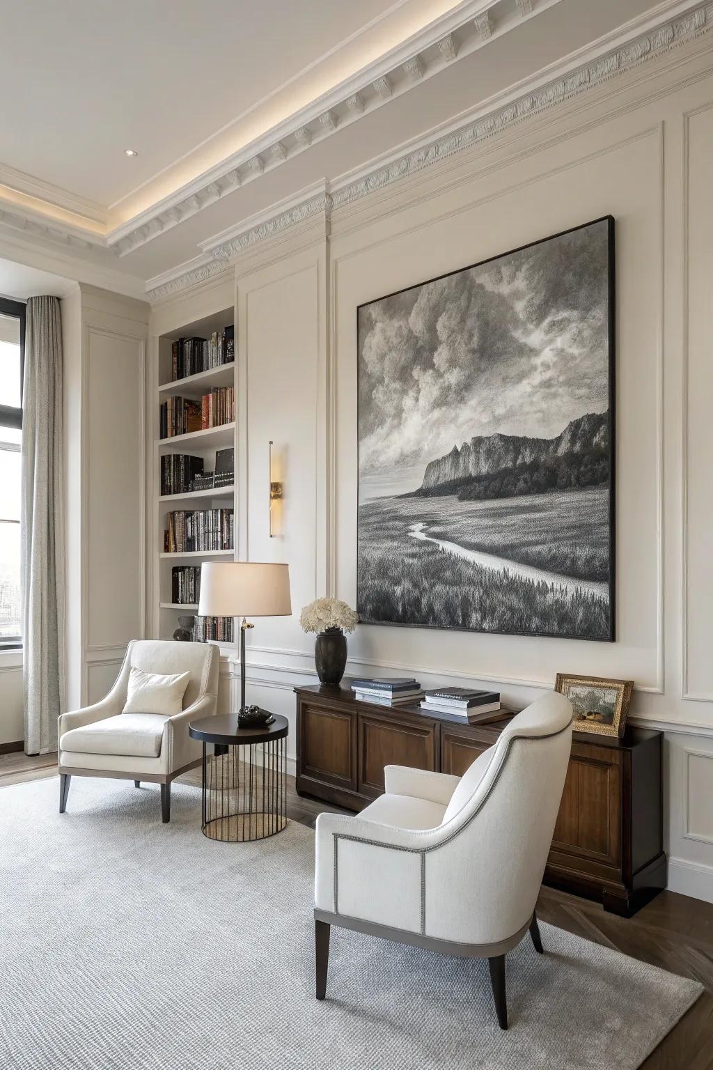 A grayscale painting radiates timeless class and refinement.