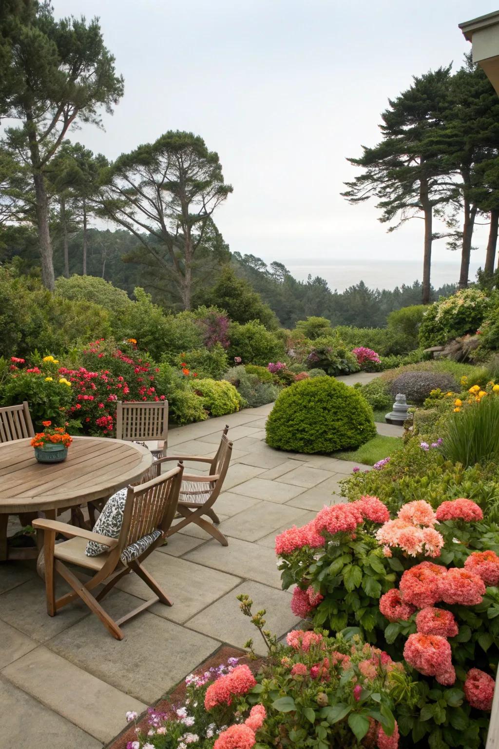 Lush greenery boosting the patio's natural elegance.