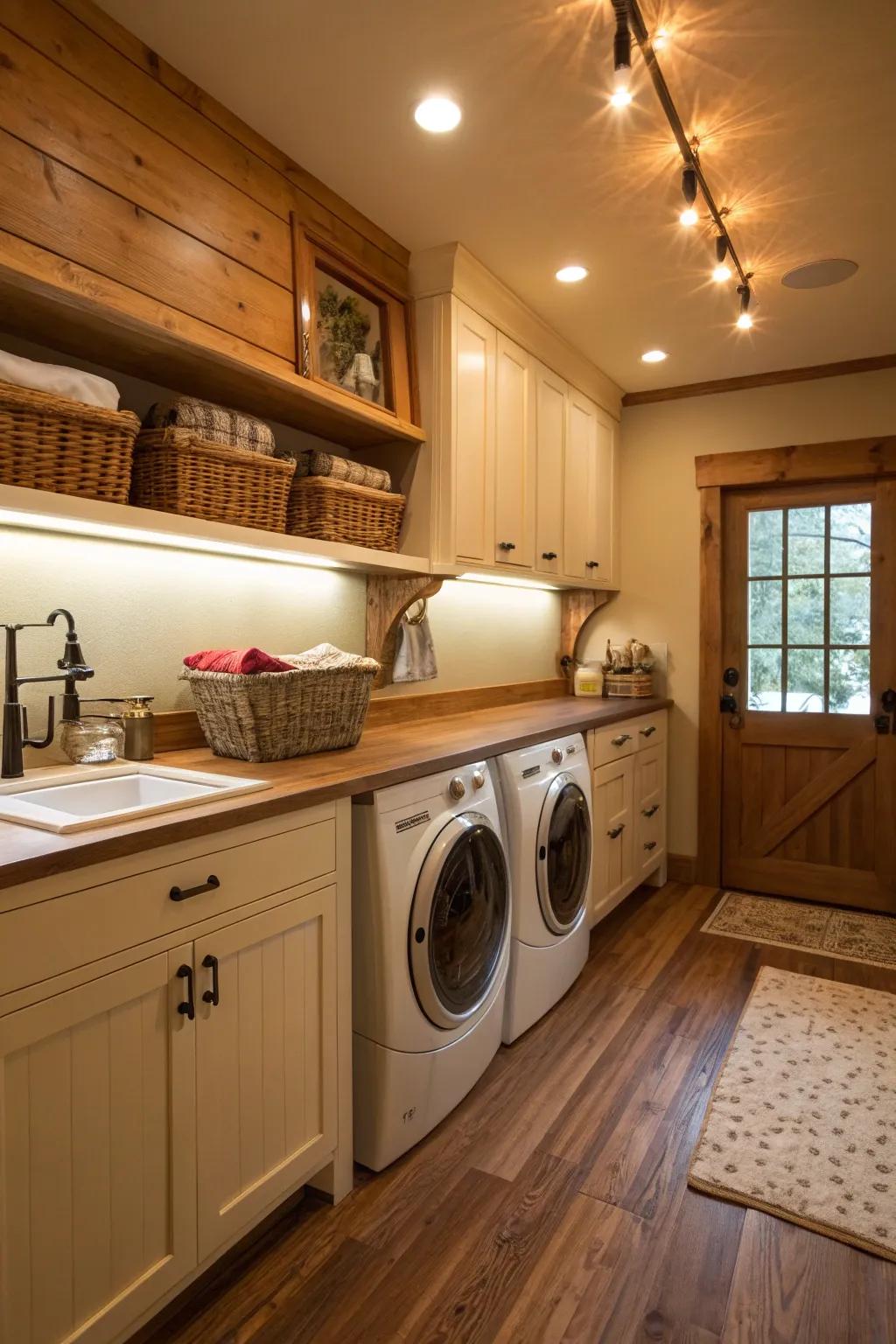 Wood block countertops add warmth and functionality.