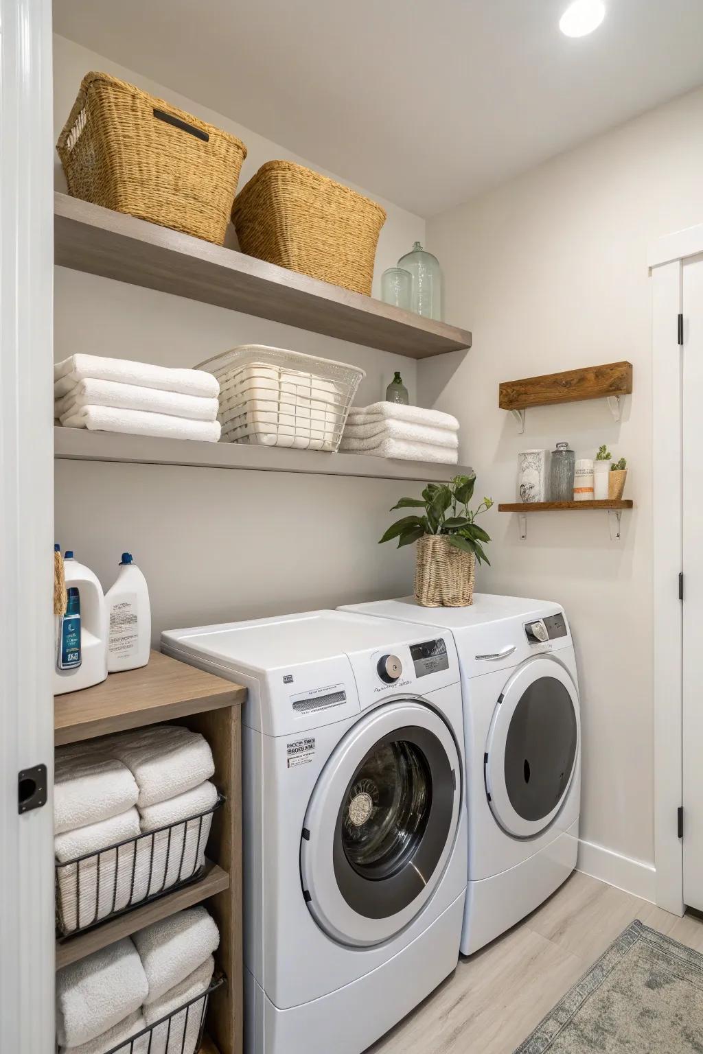 Simple shelving creates a tidy and open laundry room.