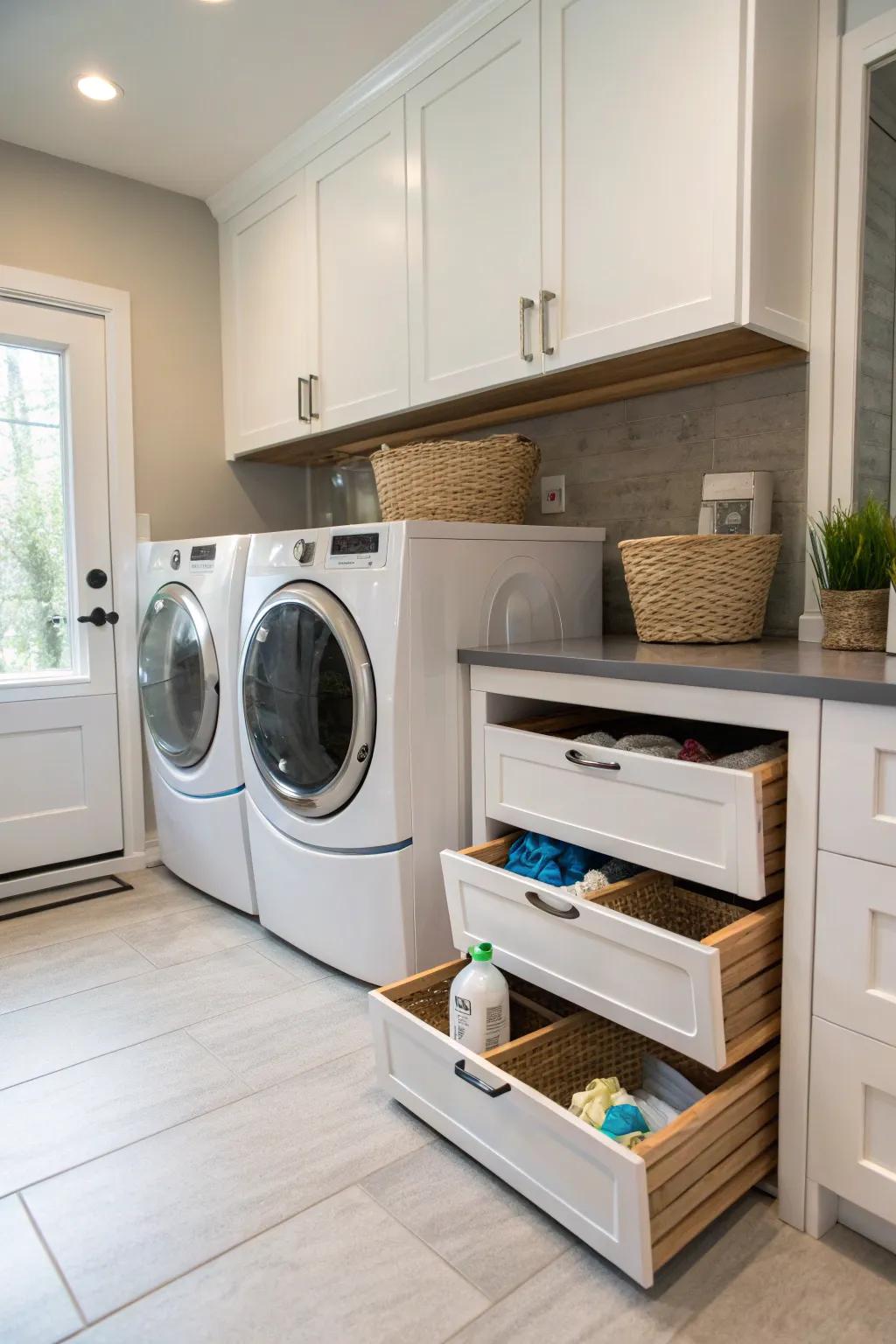 Concealed spots maintain a neatly organized arrangement for your laundry must-haves.