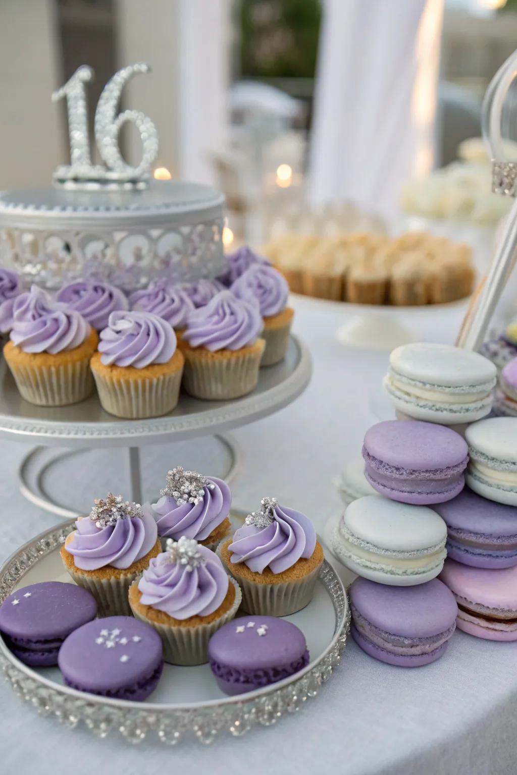 A tempting dessert display that aligns flawlessly with the party's color motif.