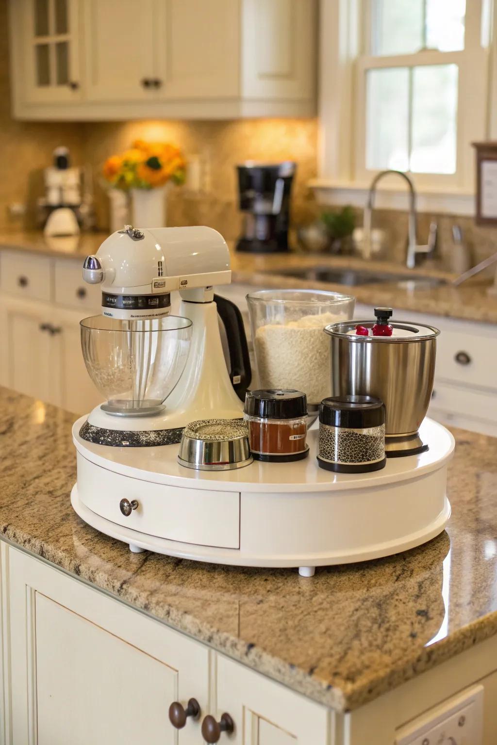 Efficiently store small kitchen appliances on a Lazy Susan.