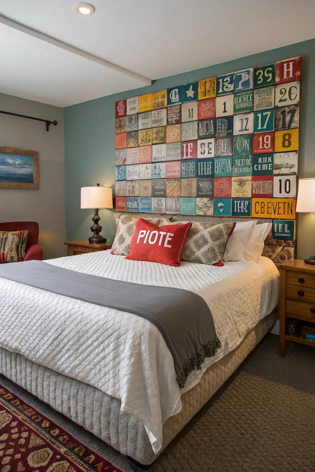 A license plate headboard establishes a strong bedroom aesthetic.