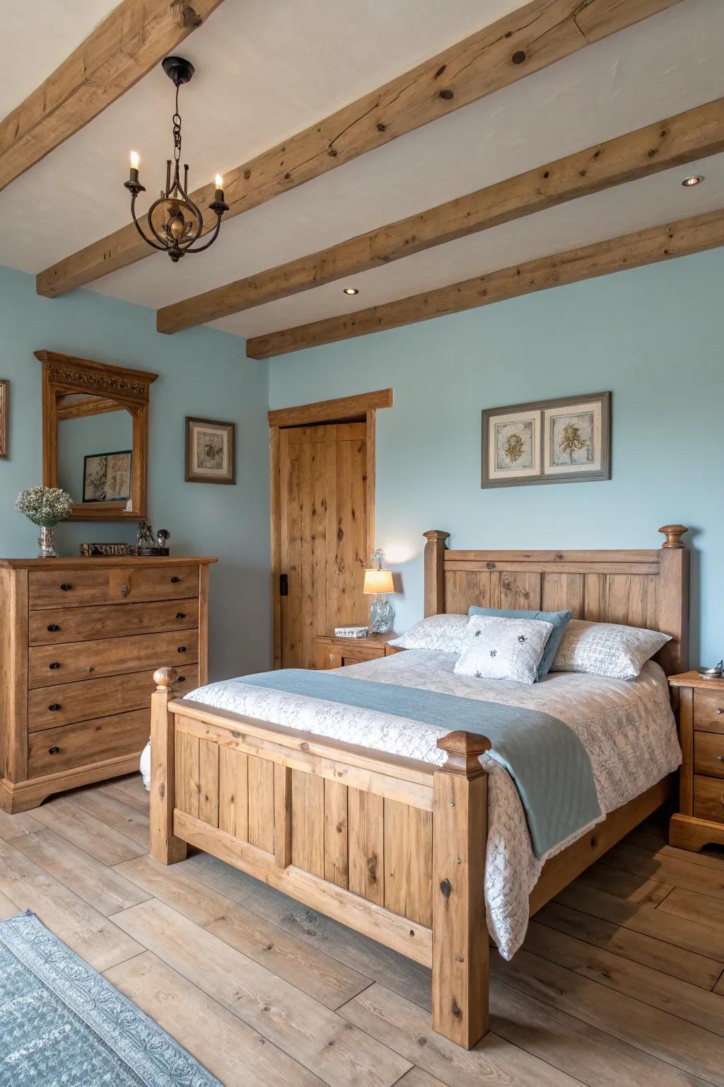 A rustic sleeping quarter with wooden furniture is perfectly complemented by calming sky blue walls.