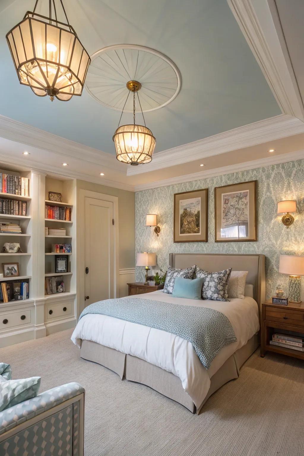 A tranquil bedroom featuring a sky-blue ceiling and elegant lighting.