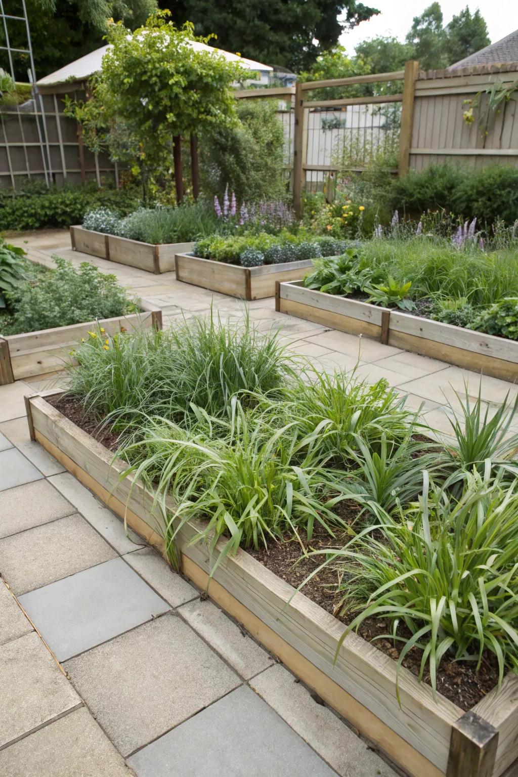 Elevated gardens featuring ribbon grass, underscoring vertical beauty.