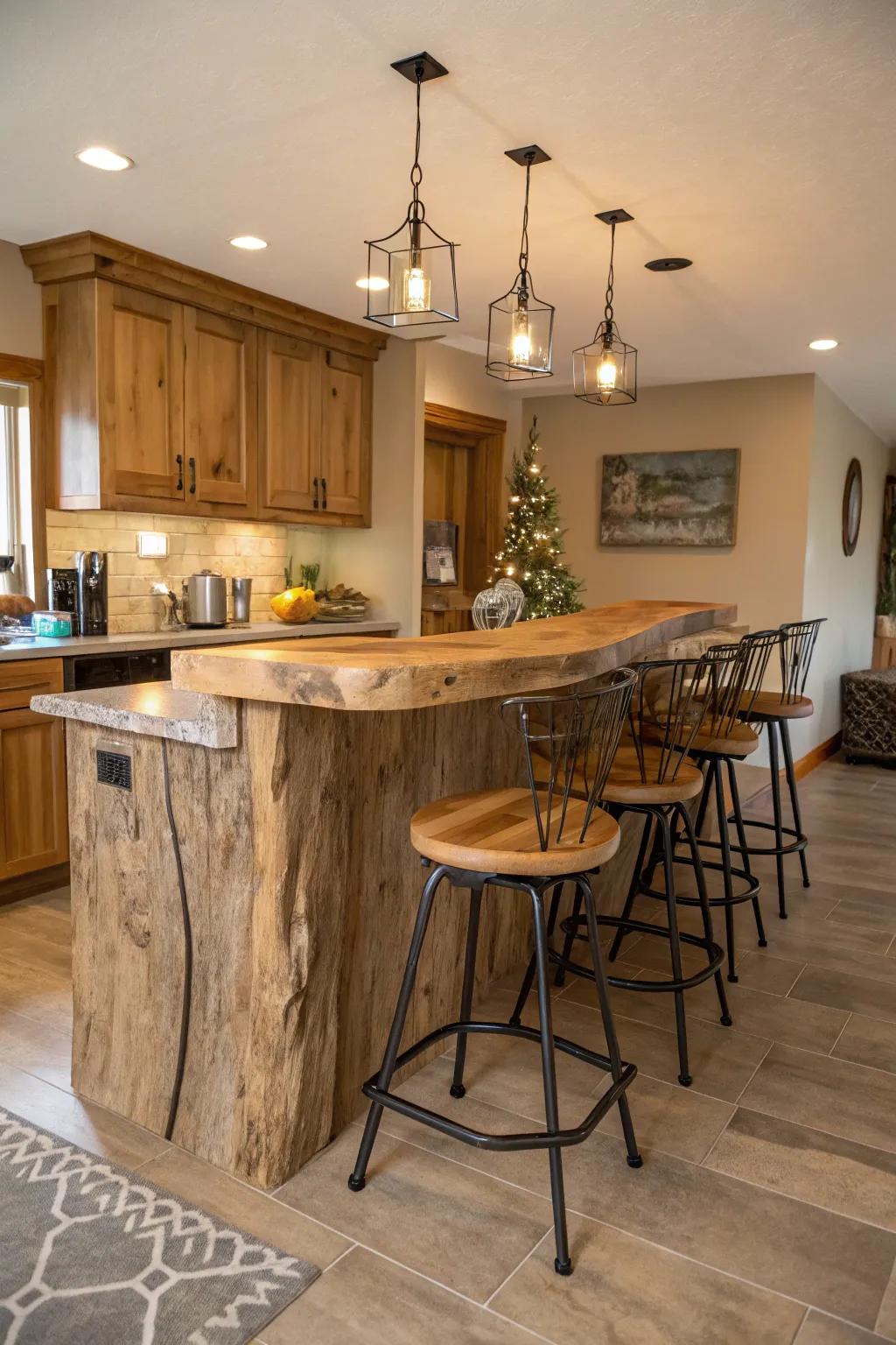 A live edge bar is complemented by a combination of wooden and metal perch seats, enhancing its aesthetic.