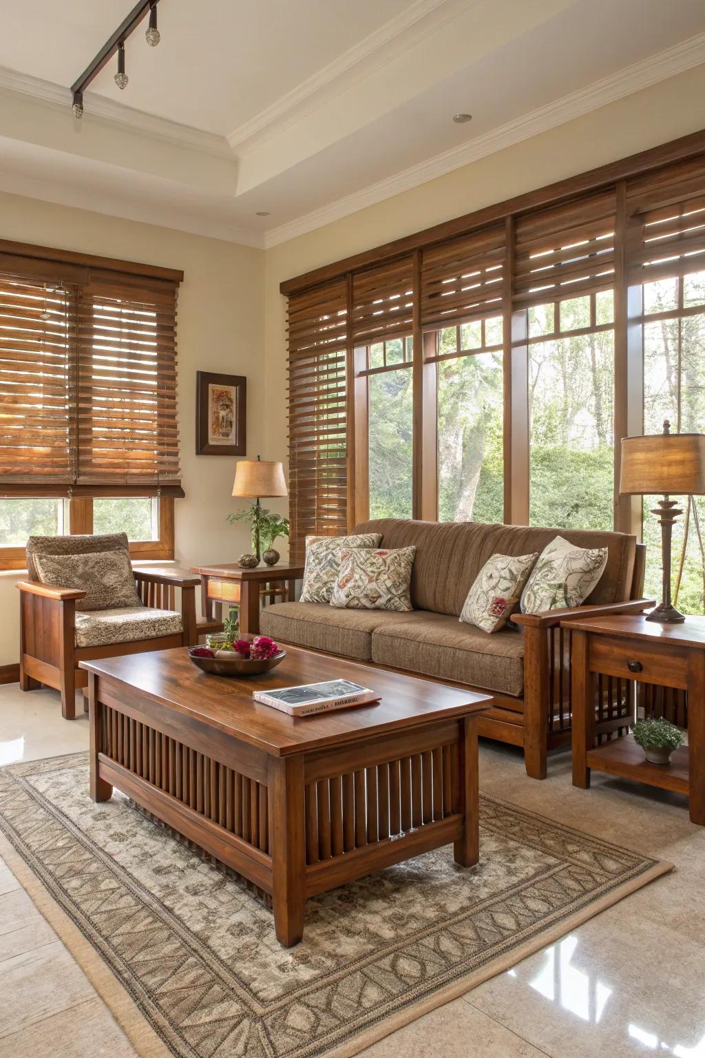 Wooden shades introduce a hint of natural warmth.