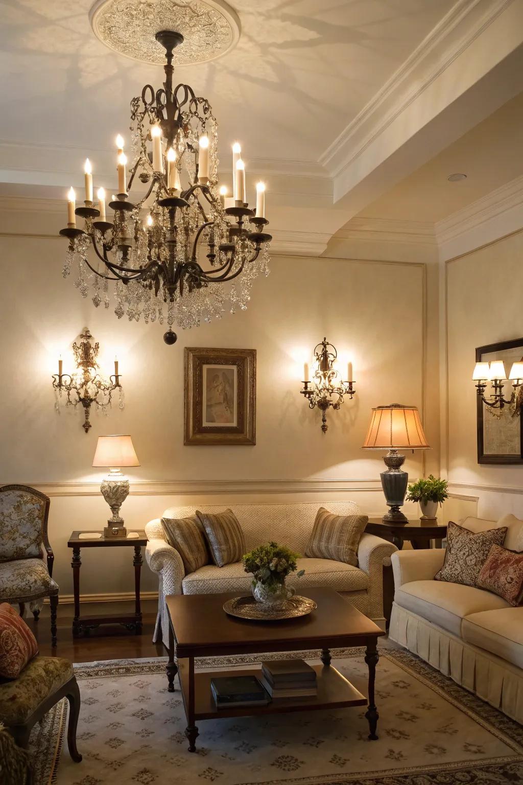 Layered lighting adds depth and creates a warm, inviting atmosphere.