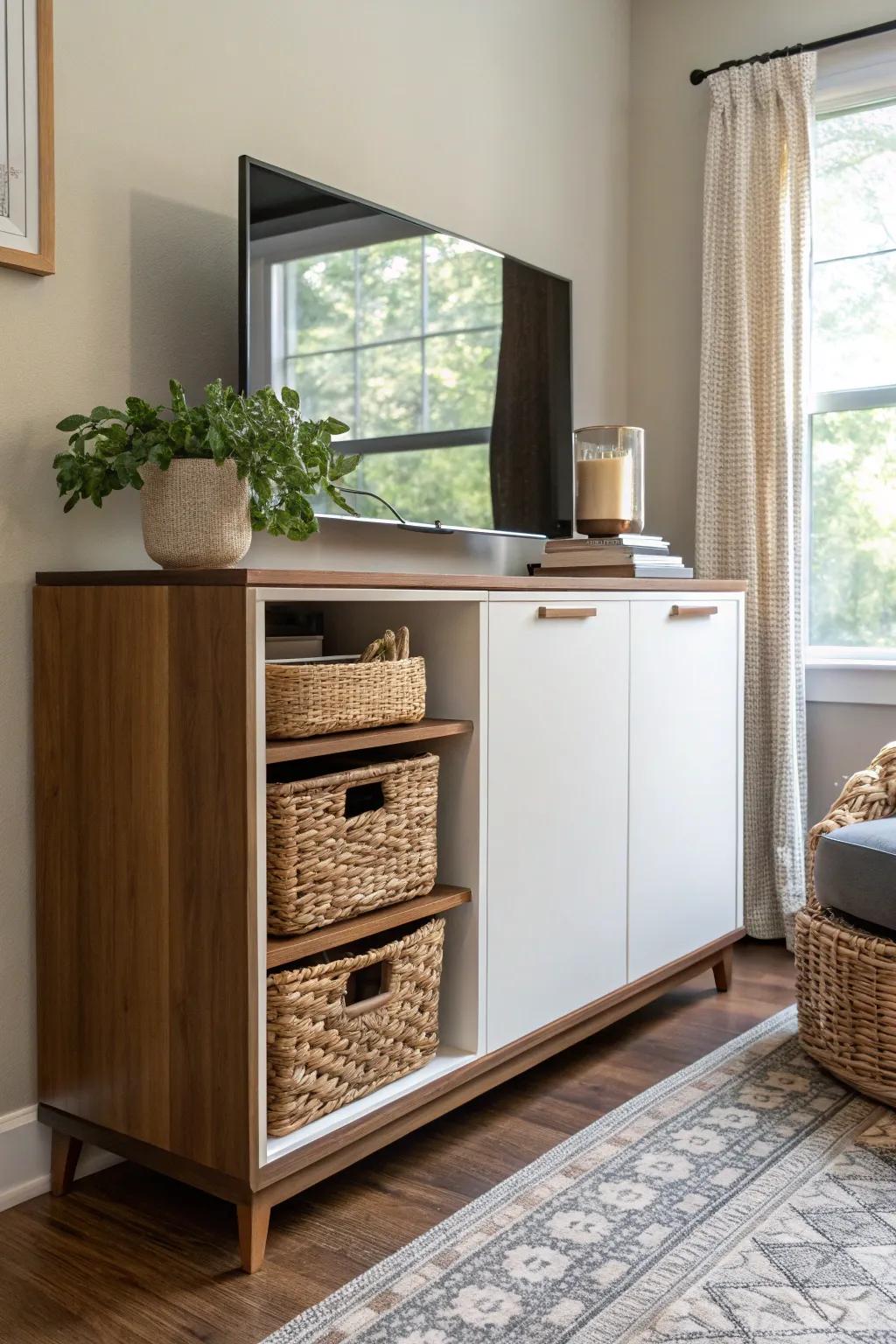 Smart storage helps keep a living room neat and chic.
