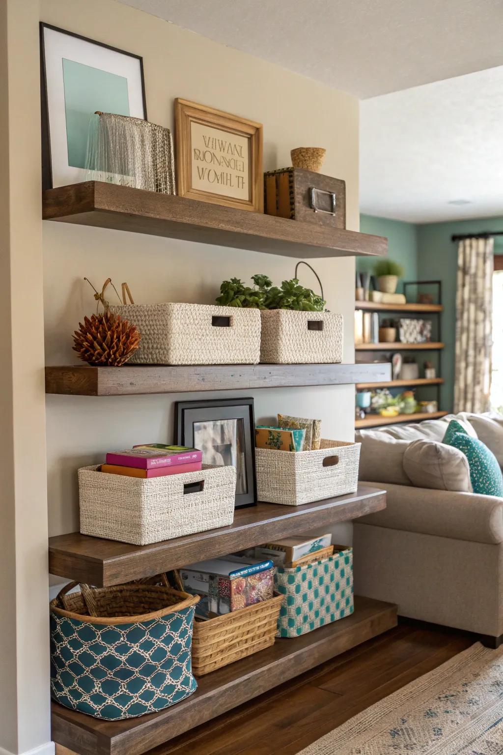 Blend storage and style with functional baskets on shelves.