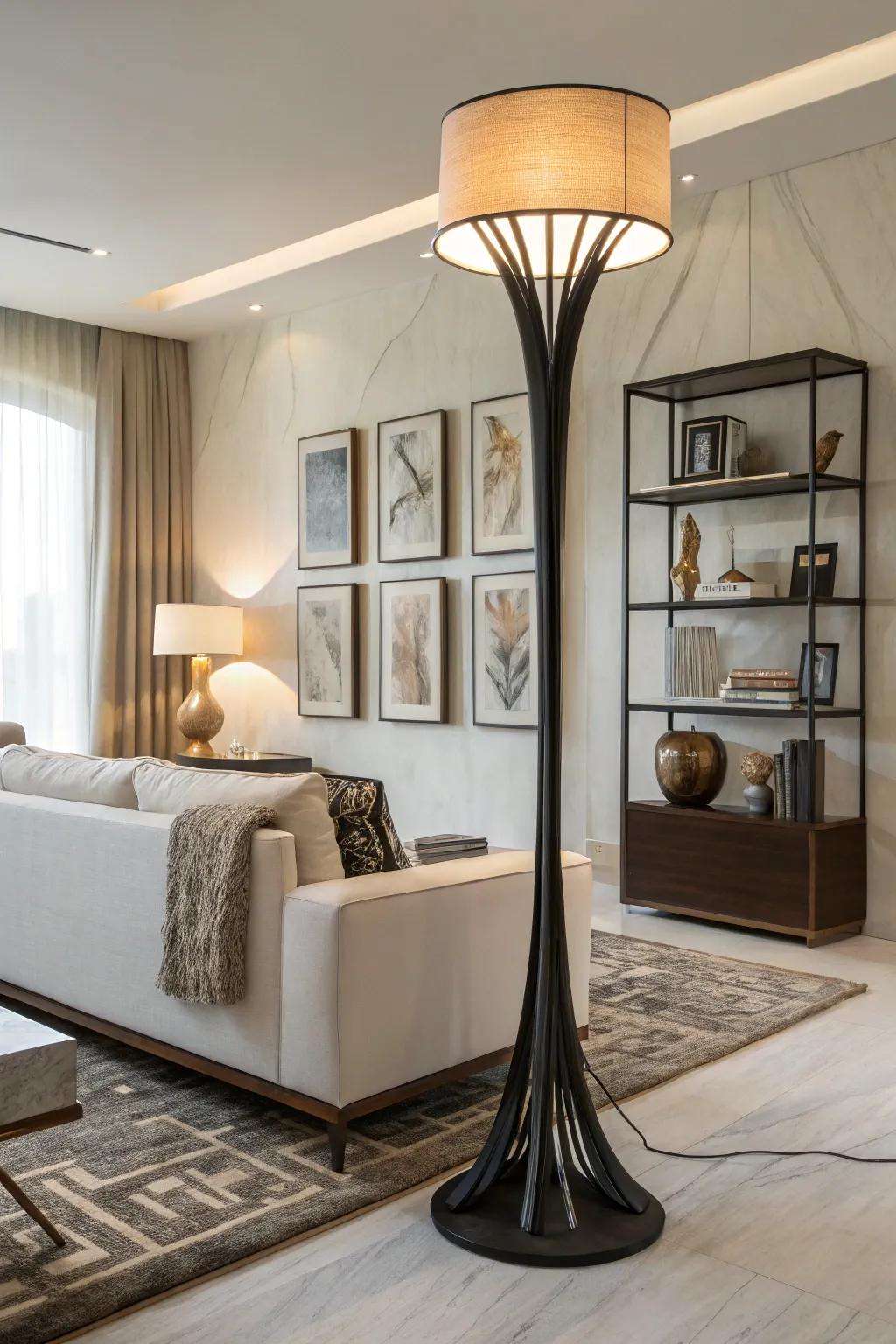 A modern living room with a sculptural floor lamp as an artistic centerpiece.