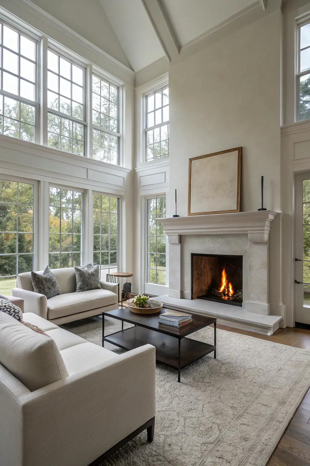 An open and elegant living room arrangement with a fireplace.