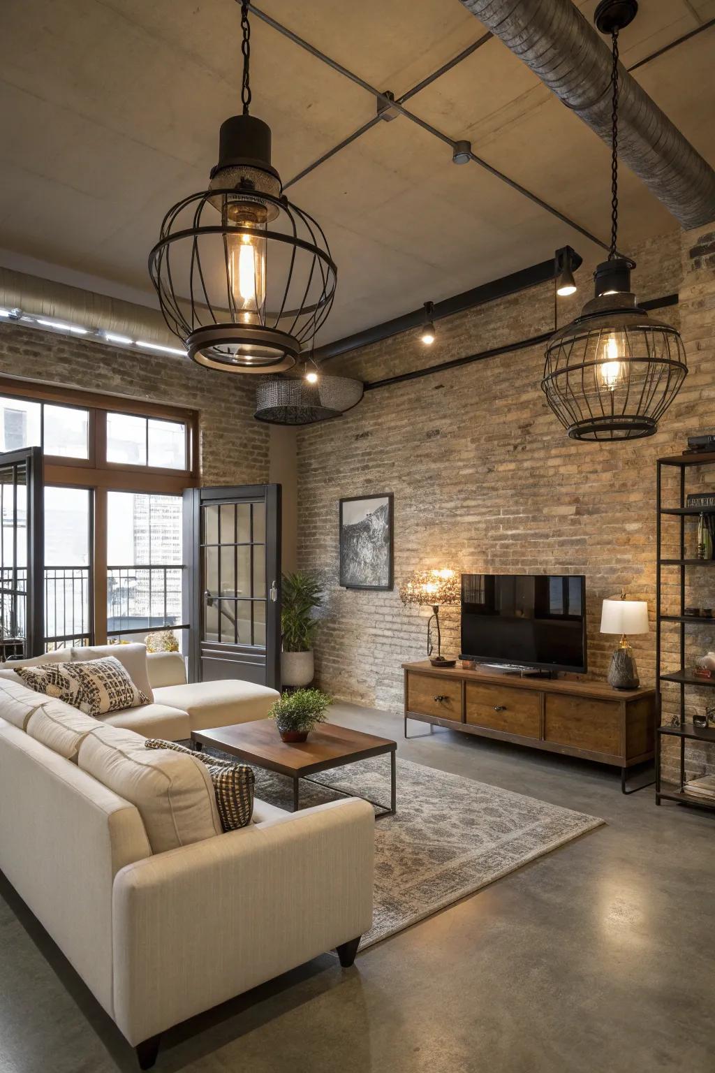 Lighting units that harmonize with the room's industrial decor.