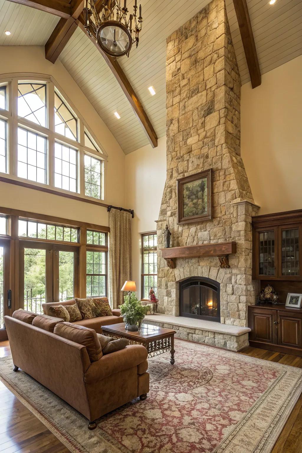 High ceilings and a grand fireplace combine to create a majestic ambiance.
