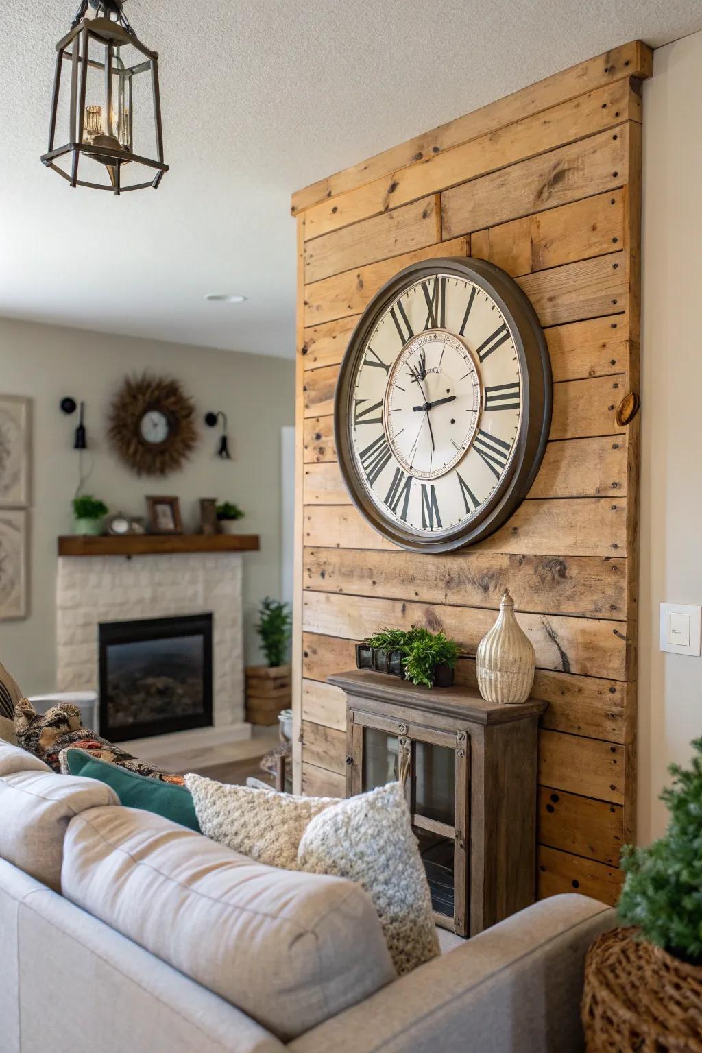 A rustic wall clock adds warmth and charm to a farmhouse-style living room.