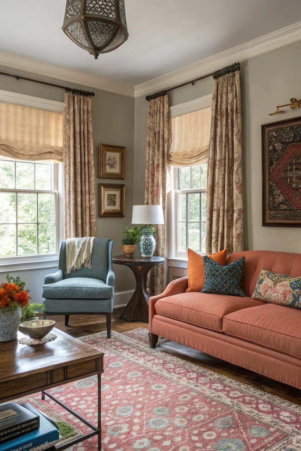 A diverse blend of window outfits enlivens the living space with personality.