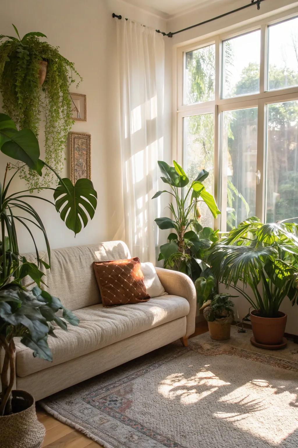 Sunlight and greenery give life to your lounge, making it feel open and lively.