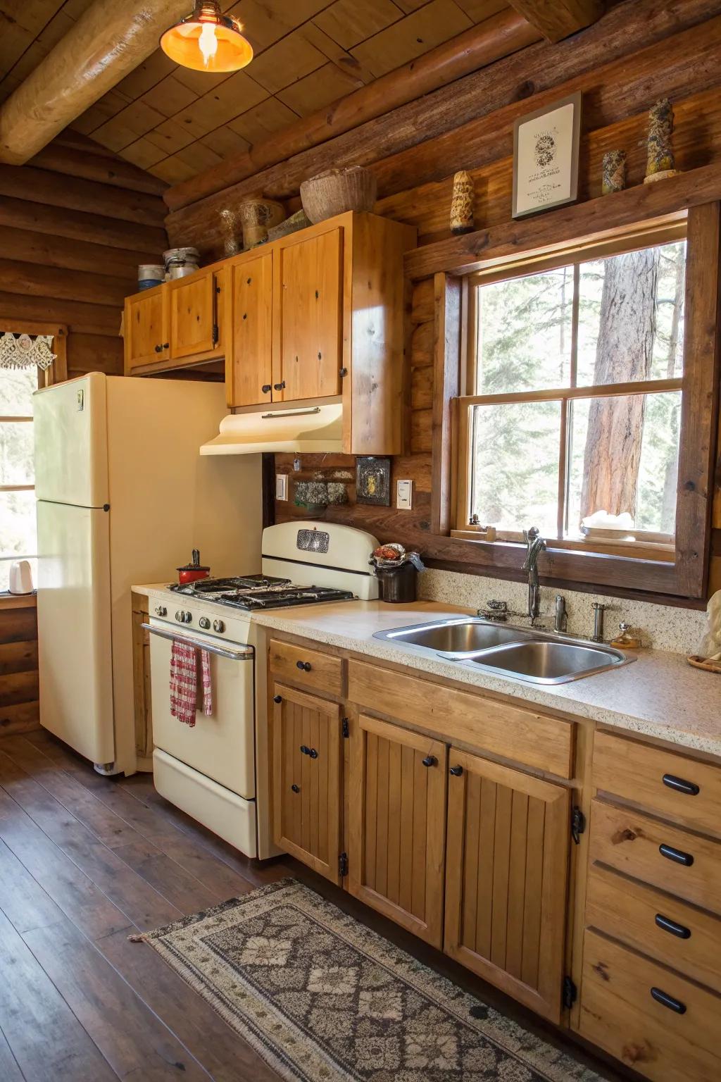 Charming old-fashioned appliances are set in a rustic kitchen, adding a touch of nostalgia.