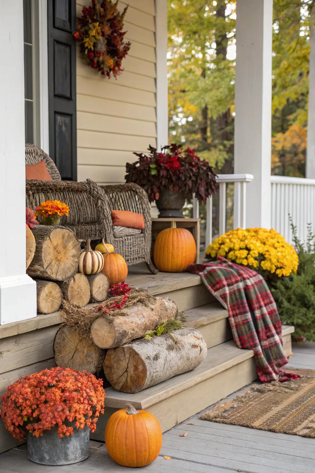 Logs integrated into seasonal autumnal decorations.