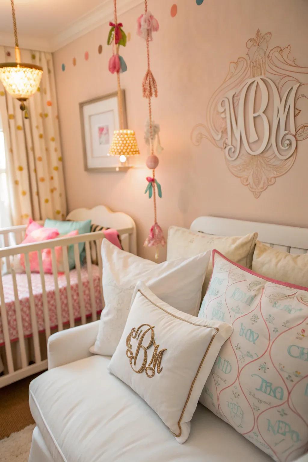 A nursery showcasing fashionable embellishments like monogrammed cushions and themed décor.