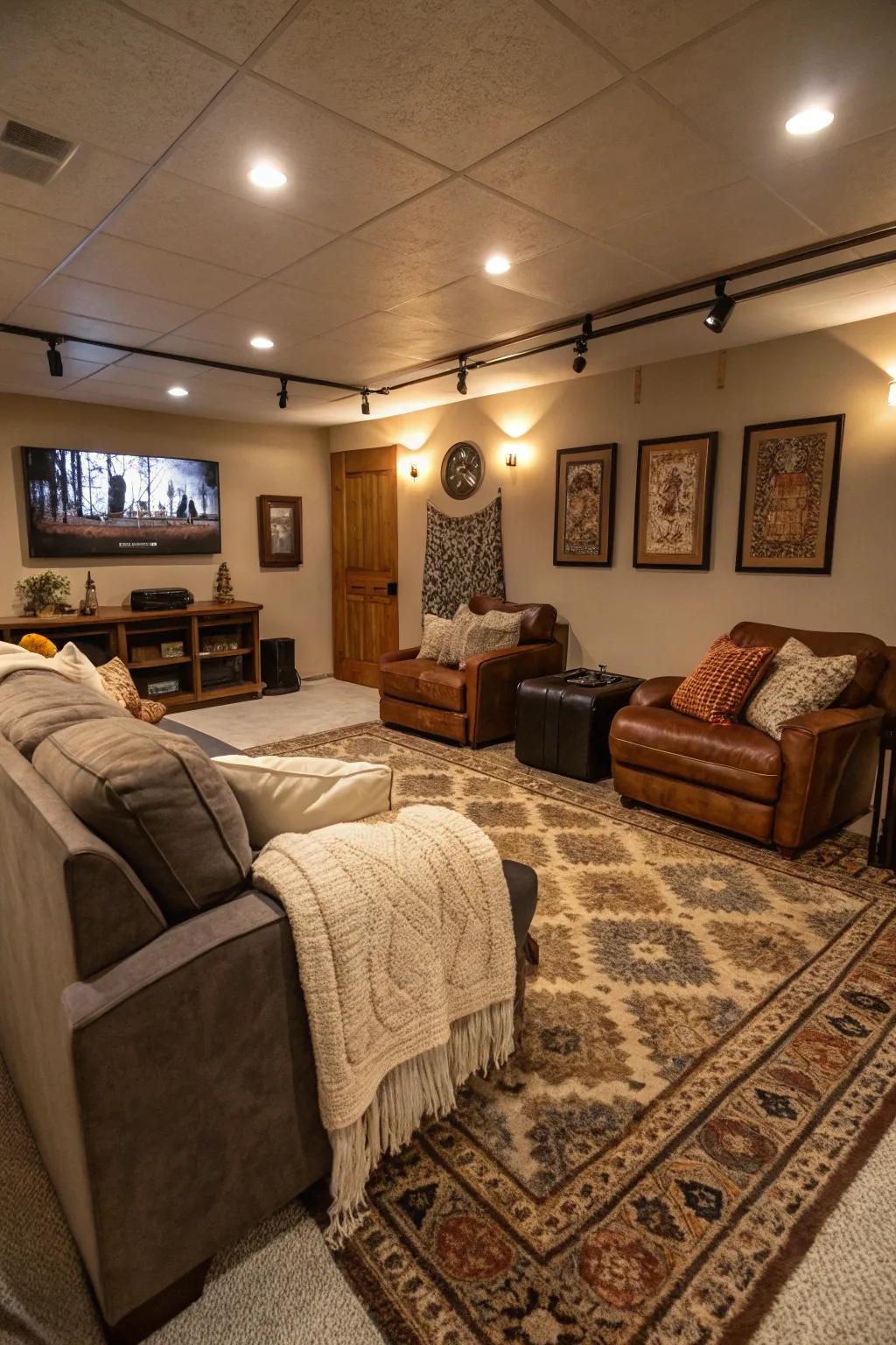 Comfort-focused rugs and throws enhancing the comfort and style in a man cave.