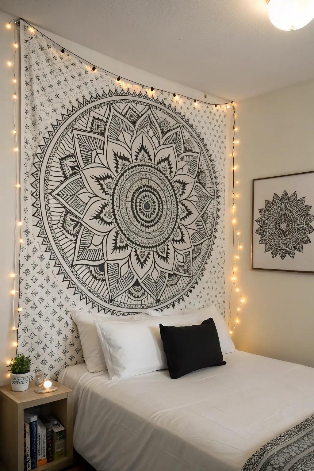 A monochrome circle motif design adding refinement to a bedroom.