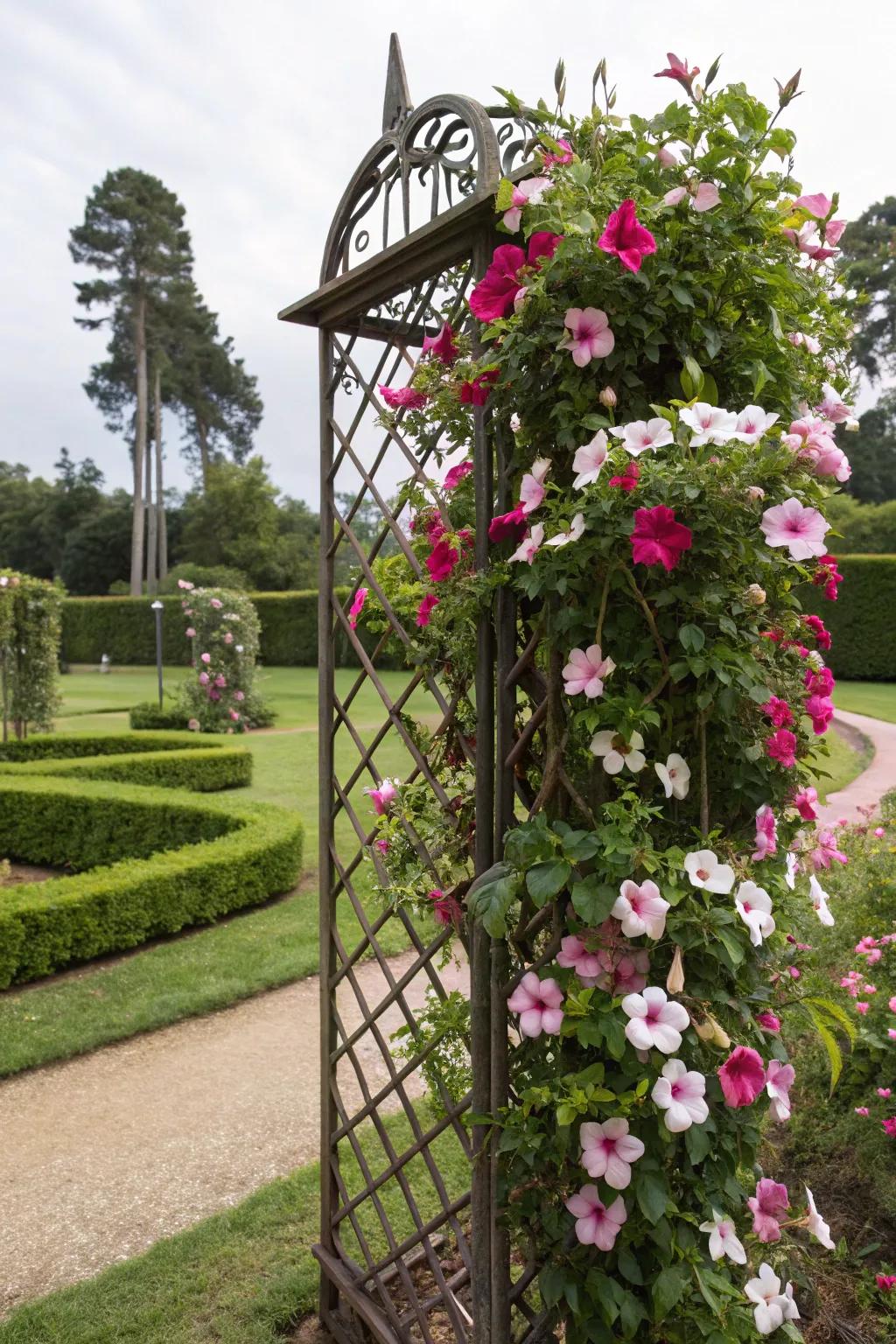 A forged iron trellis infuses sophistication and grandeur featuring efflorescent mandevilla.