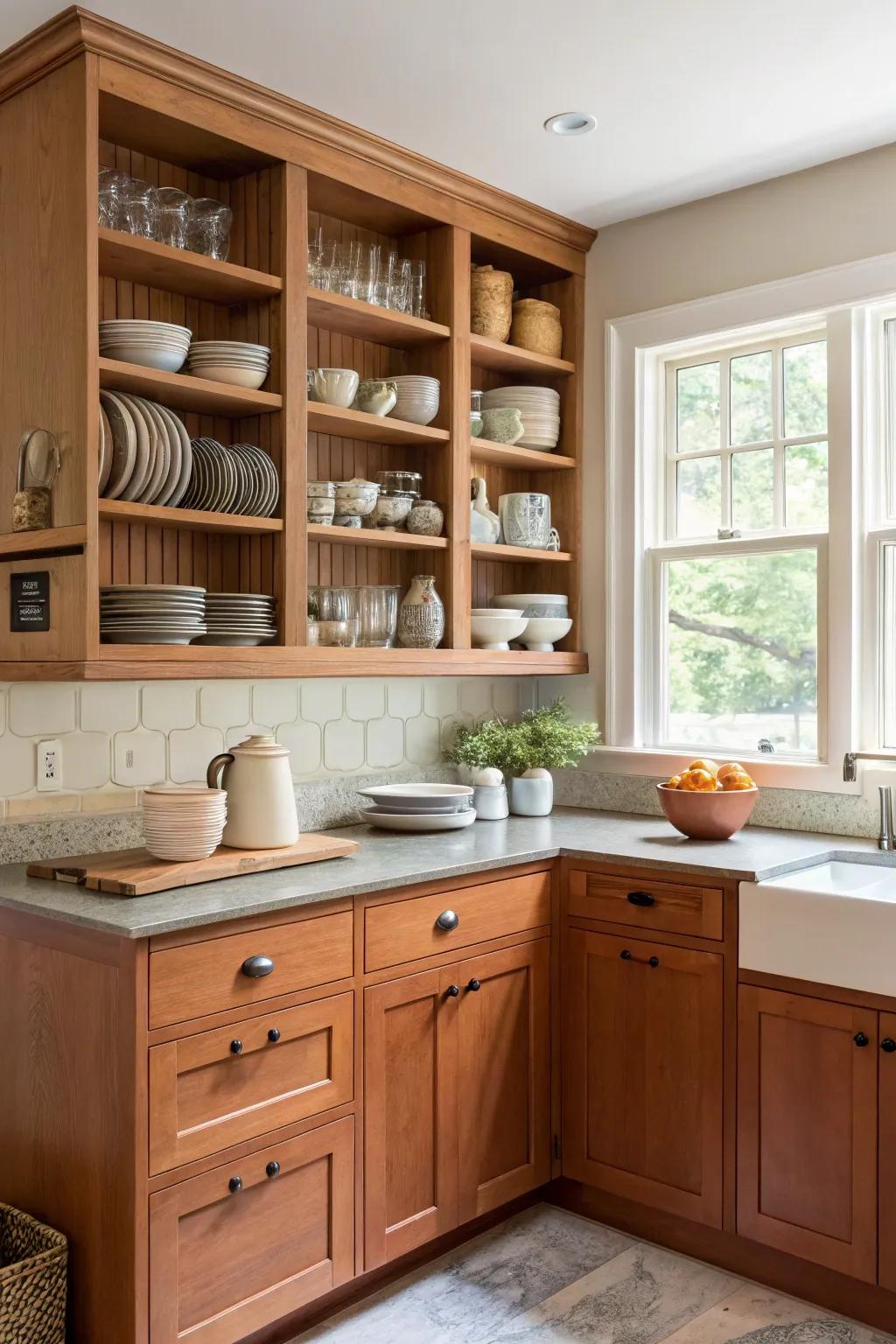 A kitchen blending walnut cabinets with open shelving for a personalized look.