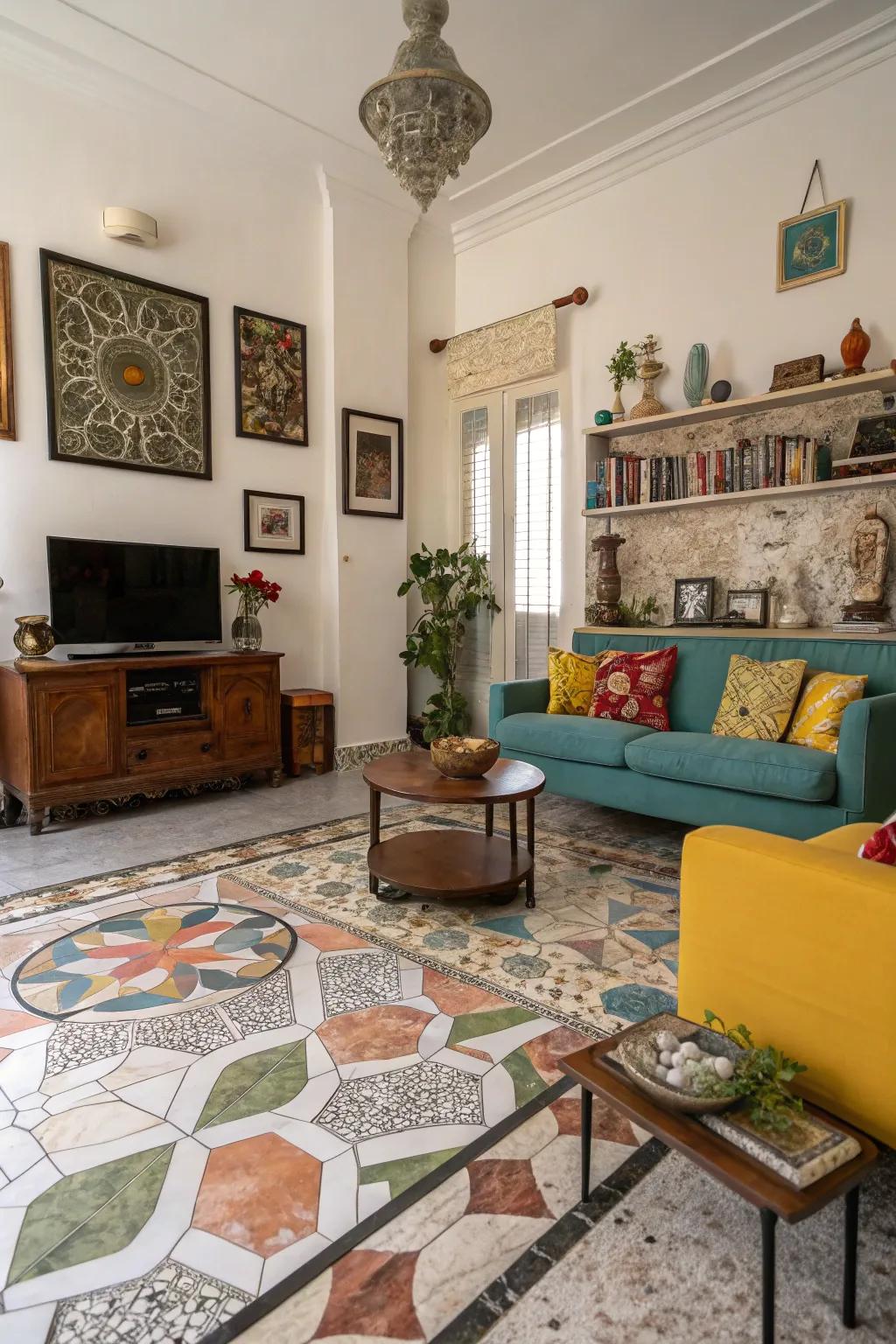 Mosaic patterns bring playful charm to marble flooring.