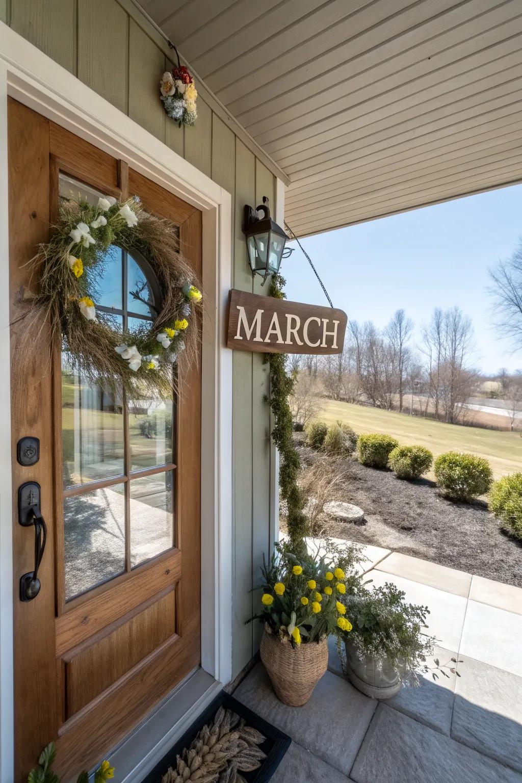 A weathered greeting panel imparts warmth and allure to your entrance.